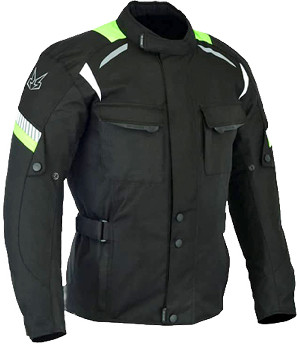 Cazadora de cordura impermeable con protecciones homologadas.