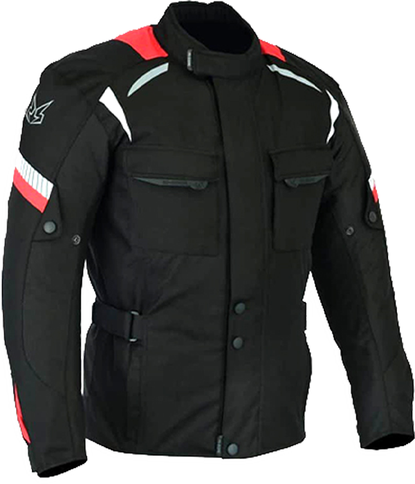 Cazadora de cordura impermeable con protecciones homologadas.