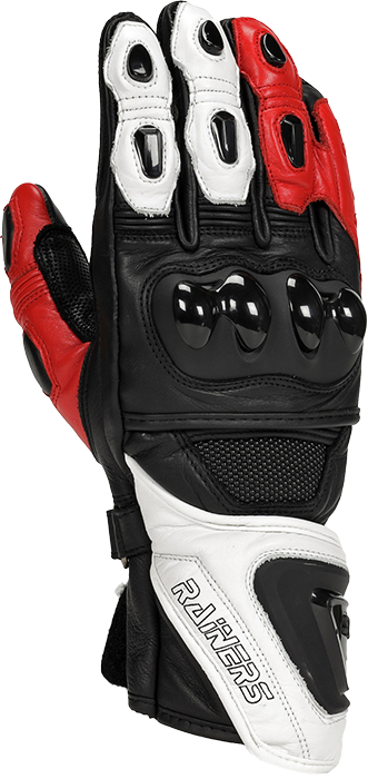 Guante Racing, fabricado en piel, con gran protector en los nudillos y la muñeca de TPU para la resistencia de impactos, es un modelo fabricado en largo hacia la zona proximal para cubrir la manga de la chaqueta, también encontraras los dedos y la palma de la mano con protectores, piezas de refuerzo, etc.