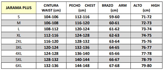 Tabla de medidas de jarama