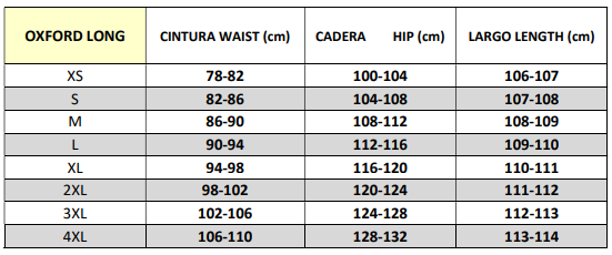 Tabla de medidas de oxfordLong