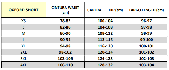 Tabla de medidas de oxfordShort