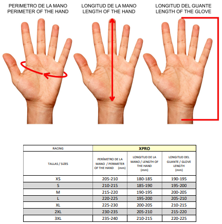 Tabla de medidas de guantes/xpro